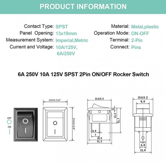 AC 6A/250V 10A/125V Schwarz 2-Pin-Position Schalter in ON OFF elektrische Boot Rocker Schalter 0