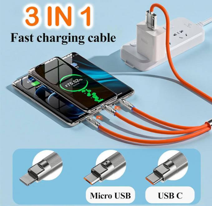 Super schnelle Aufladung 120w 6A Flüssiges Silikon 3 in 1 Multi-Anschlüsse Mikro Typ C USB-Datenladekabel für Mobiltelefon 1