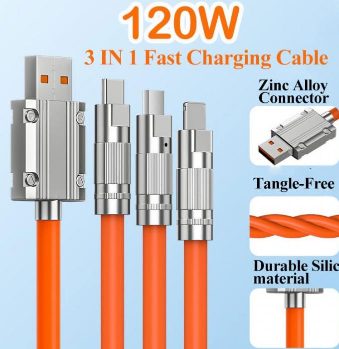 Super schnelle Aufladung 120w 6A Flüssiges Silikon 3 in 1 Multi-Anschlüsse Mikro Typ C USB-Datenladekabel für Mobiltelefon 3