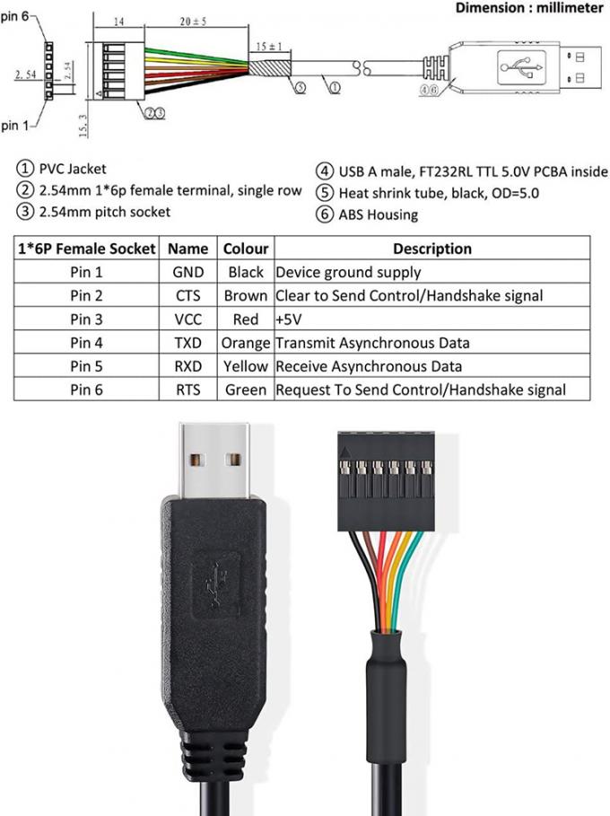 FTDI Chip FT232 USB zu TTL 3,3 V 5 V Uart RTS CTS TXD RXD Serienkonverterkabel für Arduino Raspberry Pi 2