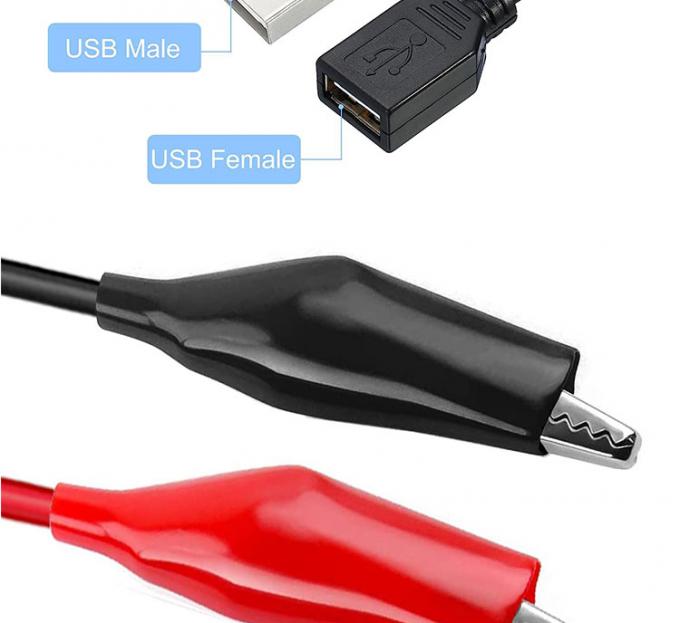 Männlich-weiblich USB-Anschluss zu doppelten Kupfer-Krokodil-Klammern Alligator-Clips Testleitungen Drahtadapterkabel für elektrische Schaltung 2