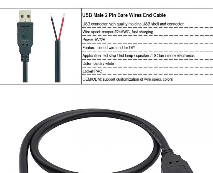 5V USB zum Öffnen entfernt geballte nackte Drähte Ende Pigtail Stromlade-Kabel für LED-Bandlampe 3